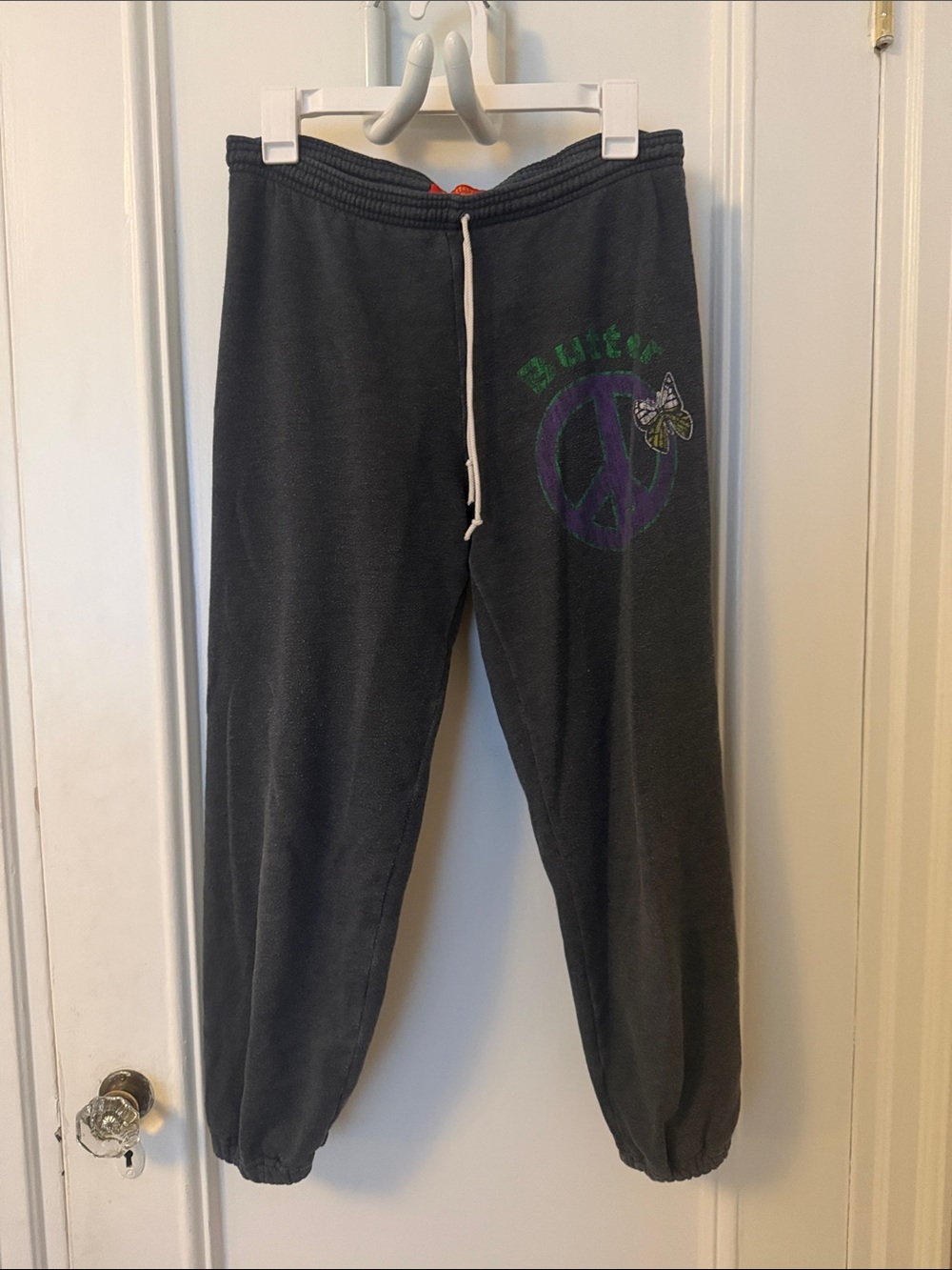 Butter Charcoal Gray Track Pants with Purple & Green Peace Sign